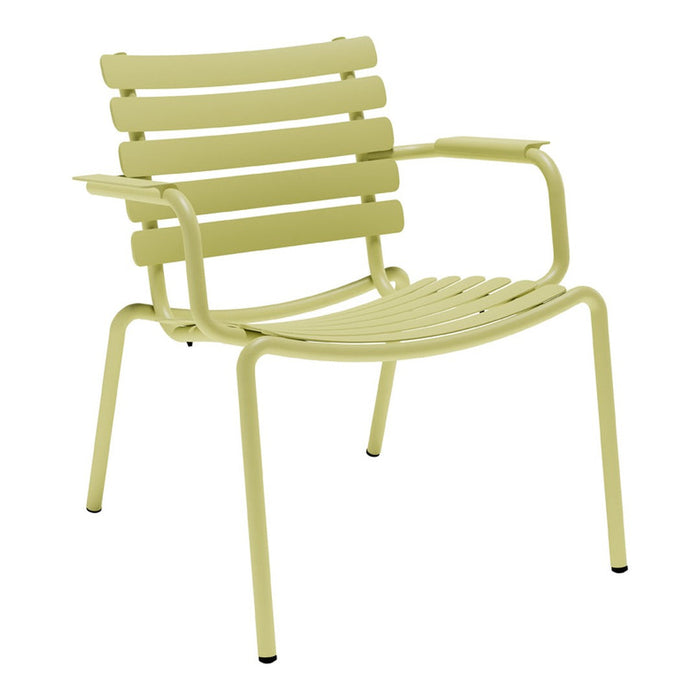 Light green slatted chair with clean lines and modern design, perfect for indoor or outdoor use.