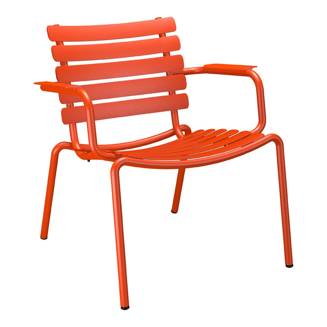 Bright orange slatted chair with a modern design, featuring a sleek metal frame and minimalist aesthetic.