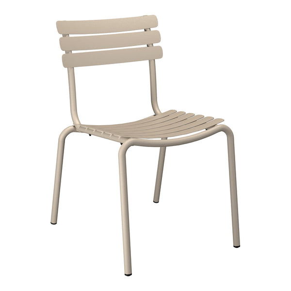 Beige metal chair with slatted seat and backrest, featuring a minimalist design and smooth, clean lines.