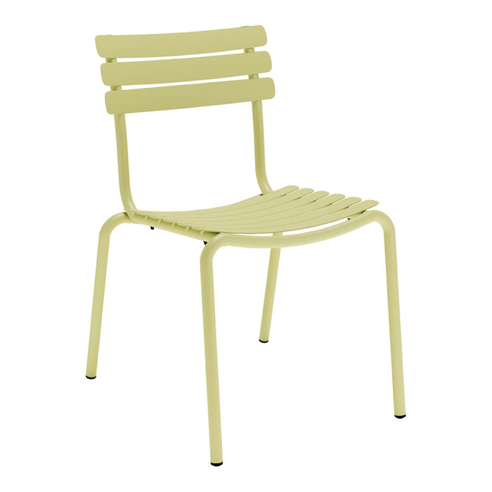 Yellow metal chair with slatted back and seat, perfect for indoor or outdoor use. Lightweight and stylish design.