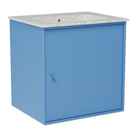 Blue storage cabinet with a speckled white top and a sleek design. Ideal for modern decor.