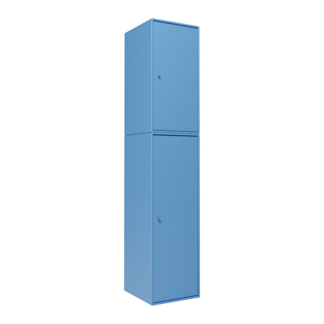 Tall blue storage cabinet with a sleek, minimalist design and smooth finish. Ideal for modern spaces.