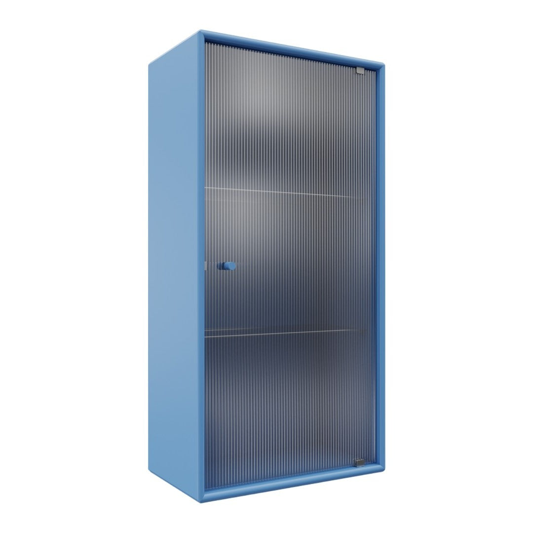 Blue metal storage cabinet with a textured silver door and sleek, modern design. Ideal for home or office organization.