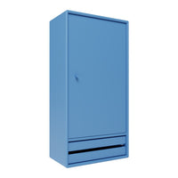 Solid blue wardrobe with a smooth finish and minimalist design, featuring a single drawer at the bottom.