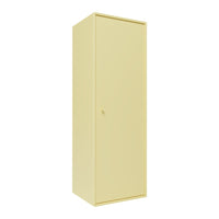 Tall yellow storage cabinet with a sleek, solid surface and a minimalist design. Ideal for organized spaces.