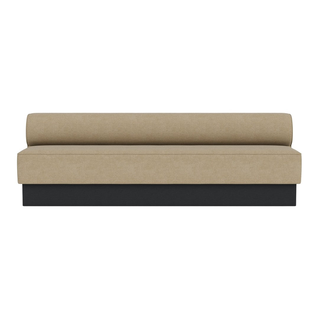 Beige upholstered sofa with a sleek black base and minimalistic design, perfect for modern interiors.