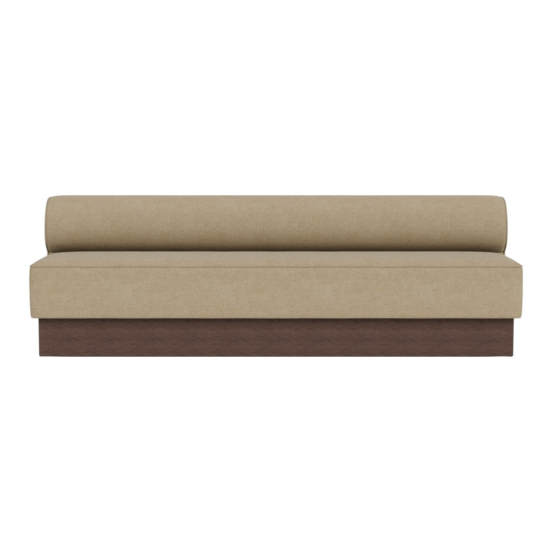 Beige upholstered sofa with a smooth, minimalist design and a dark wood base. Ideal for modern decor.