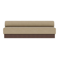 Beige upholstered sofa with a smooth, minimalist design and a dark wood base. Ideal for modern decor.