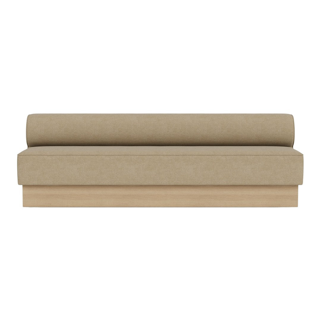 Beige upholstered sofa with a smooth fabric texture and a minimalistic design. Perfect for modern interiors.