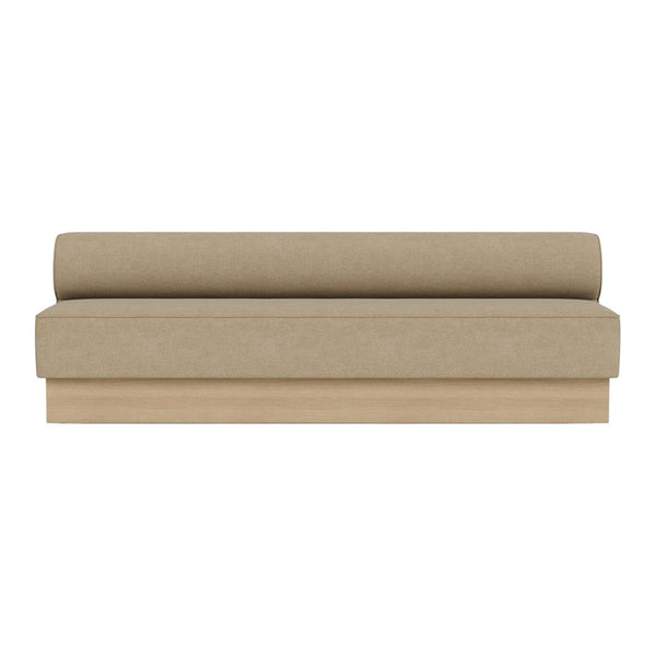 Beige upholstered sofa with a smooth fabric texture and a minimalistic design. Perfect for modern interiors.