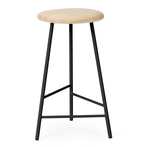 Natural wood top with smooth beige finish and sleek black metal legs. Minimalist design with no patterns.