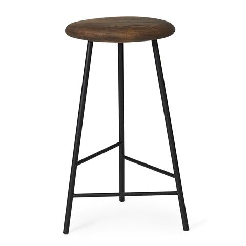 Wooden bar stool with a rich brown seat and sleek black metal legs in a minimalist design.