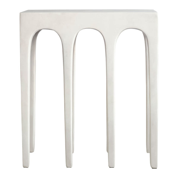 Sleek white console table with smooth, minimalist design and arched leg pattern, perfect for modern decor.