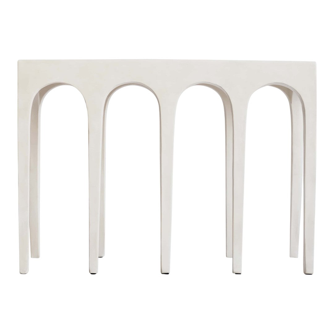 White modern console table with smooth arches and minimalist design, perfect for contemporary decor.