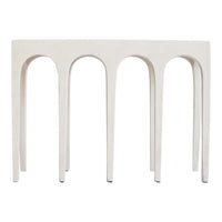 White modern console table with smooth arches and minimalist design, perfect for contemporary decor.