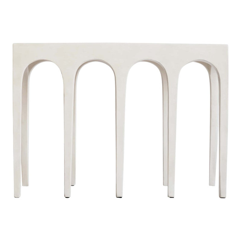White modern console table with smooth arches and minimalist design, perfect for contemporary decor.