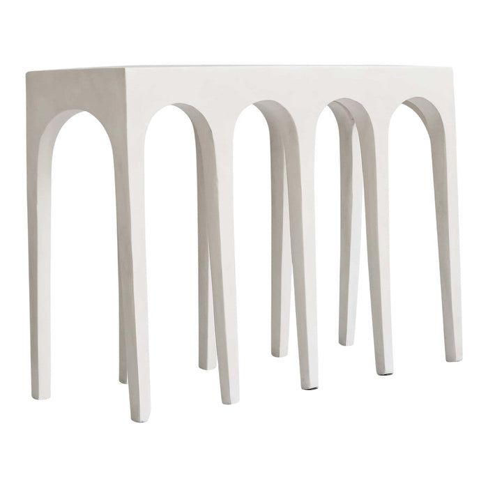 Modern white table with sleek, minimalist design and curved legs for a contemporary aesthetic.