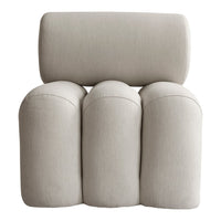 Beige curved sofa with a textured fabric finish, featuring a minimalist design and soft rounded shapes.