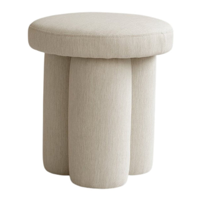 Light beige round stool with a textured fabric and soft, rounded edges, perfect for modern decor.