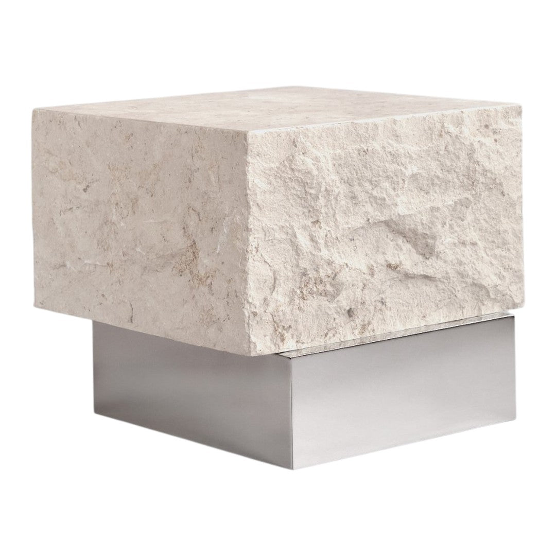 Textured beige stone top on sleek silver base, featuring natural variations for a modern aesthetic.