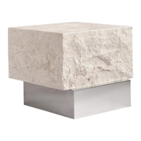 Textured beige stone top on sleek silver base, featuring natural variations for a modern aesthetic.