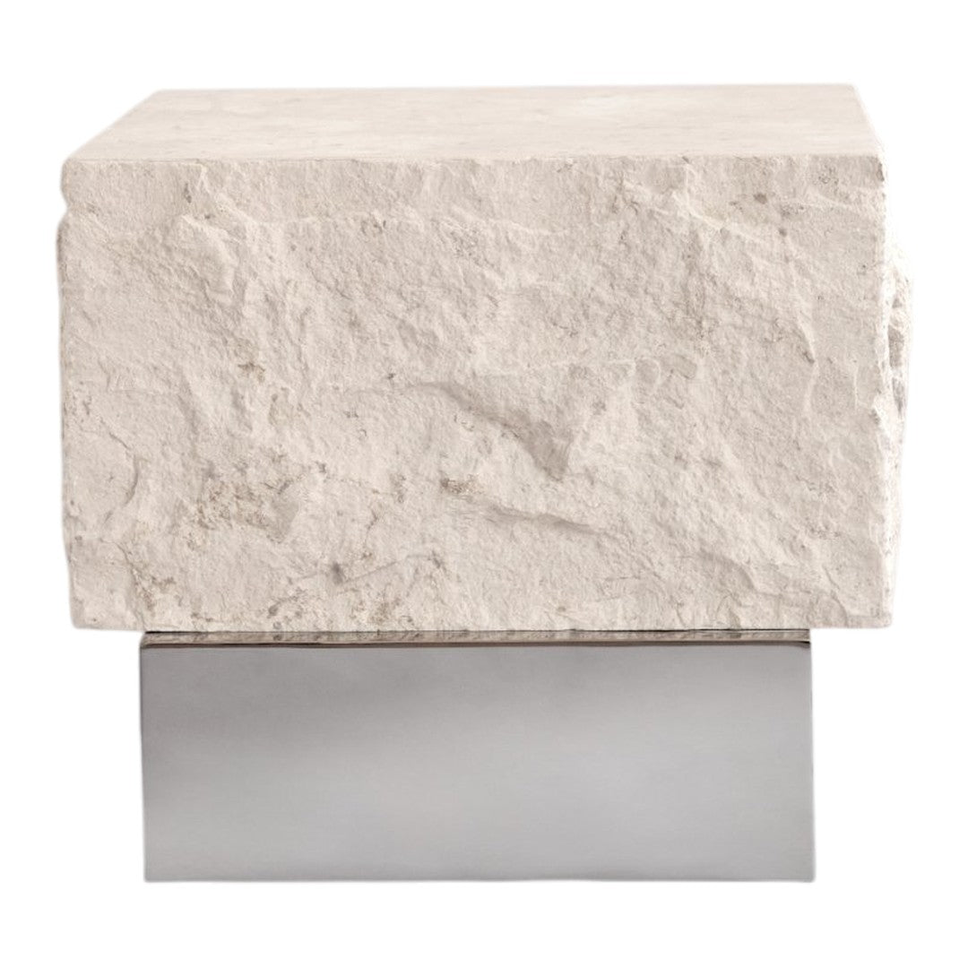 Textured white stone block with a sleek silver metal base, showcasing a modern and minimalist design.