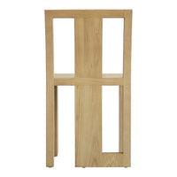 Natural wood chair in light oak finish with a minimalist design and smooth, clean lines. Ideal for modern decor.
