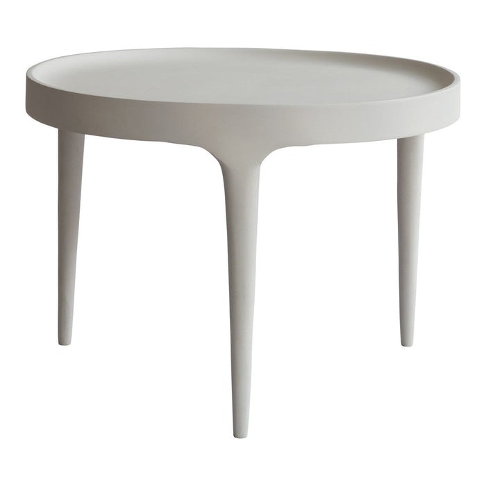 Round gray table with a smooth finish and minimalist design, featuring slender legs and a sleek profile.