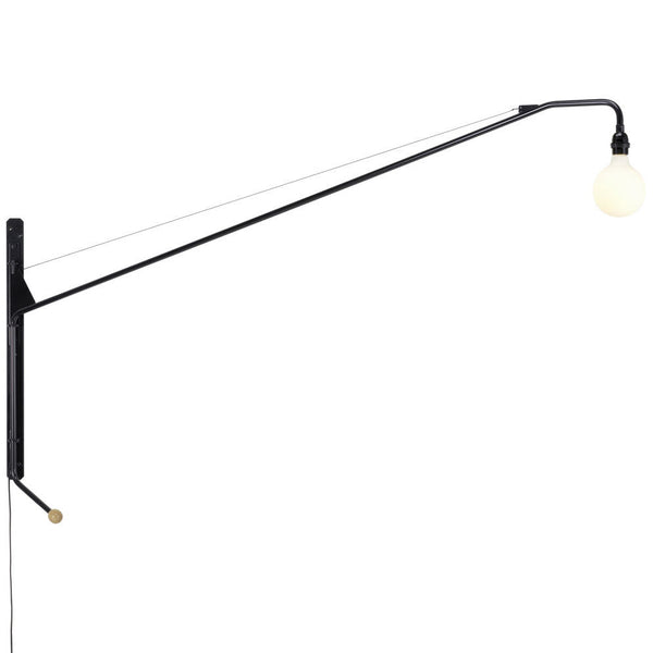 Black wall-mounted lamp with a sleek, minimalist design and a warm white bulb. Modern, industrial style.