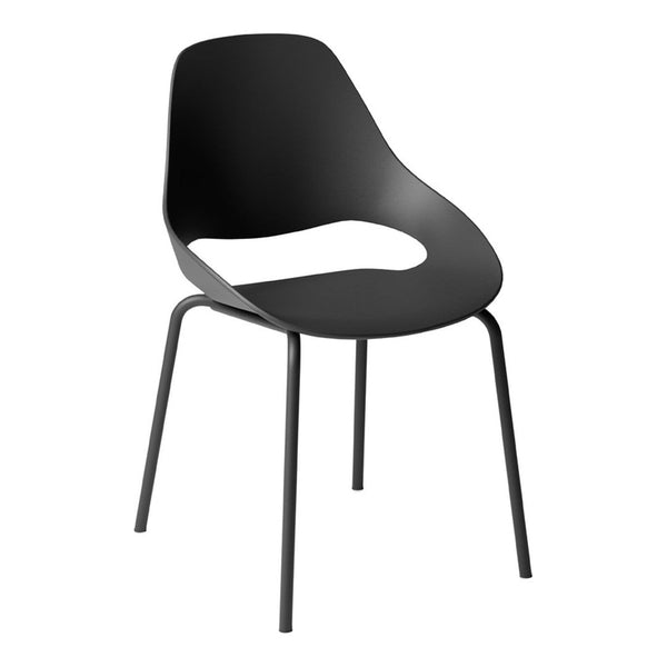Modern black chair with a sleek design and cutout pattern for a minimalistic look. Perfect for contemporary spaces.