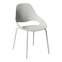 Modern minimalist chair in sleek gray with a smooth, curved design and white legs. Ideal for contemporary decor.