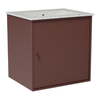 Brown storage cabinet with a speckled white top, featuring a smooth surface and minimalist design.