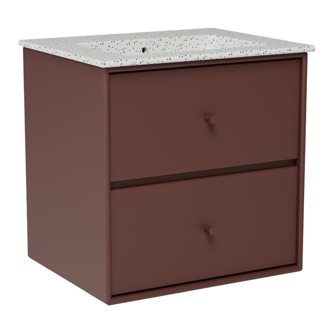Brown cabinet with two drawers and a speckled white granite countertop. Modern, sleek design.