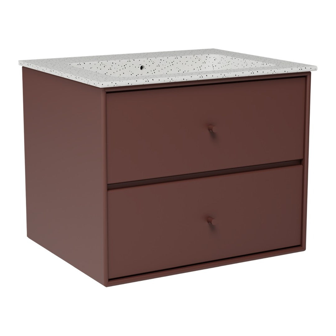 Brown wood cabinet with a speckled white countertop and sleek, simple drawer handles. Perfect for modern decor.
