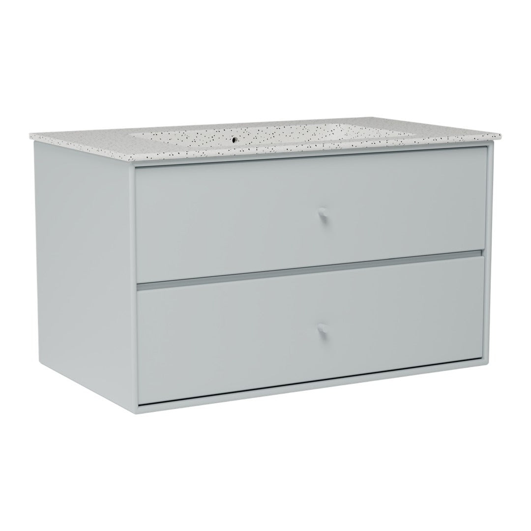 Light gray double-drawer vanity with a textured white countertop, sleek design, and minimalist style.