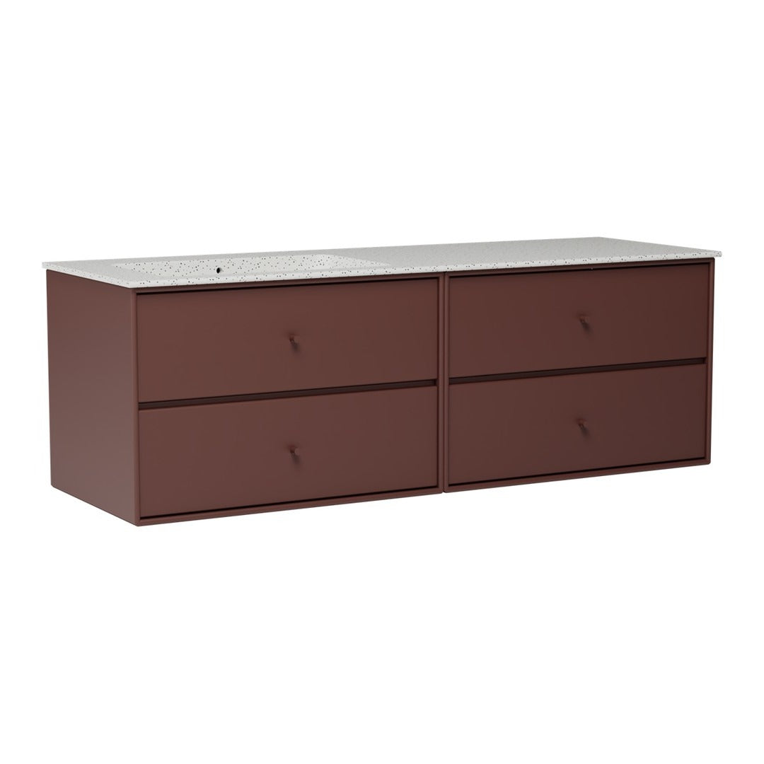 Brown storage cabinet with four spacious drawers and a sleek, light-colored countertop. Modern, minimalist design.