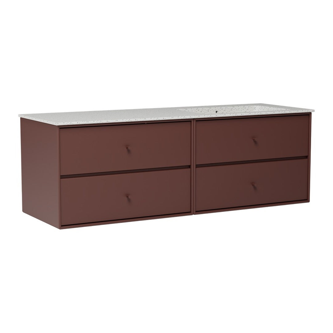 Brown four-drawer storage cabinet with a sleek white top, featuring minimalist design and smooth finishes.