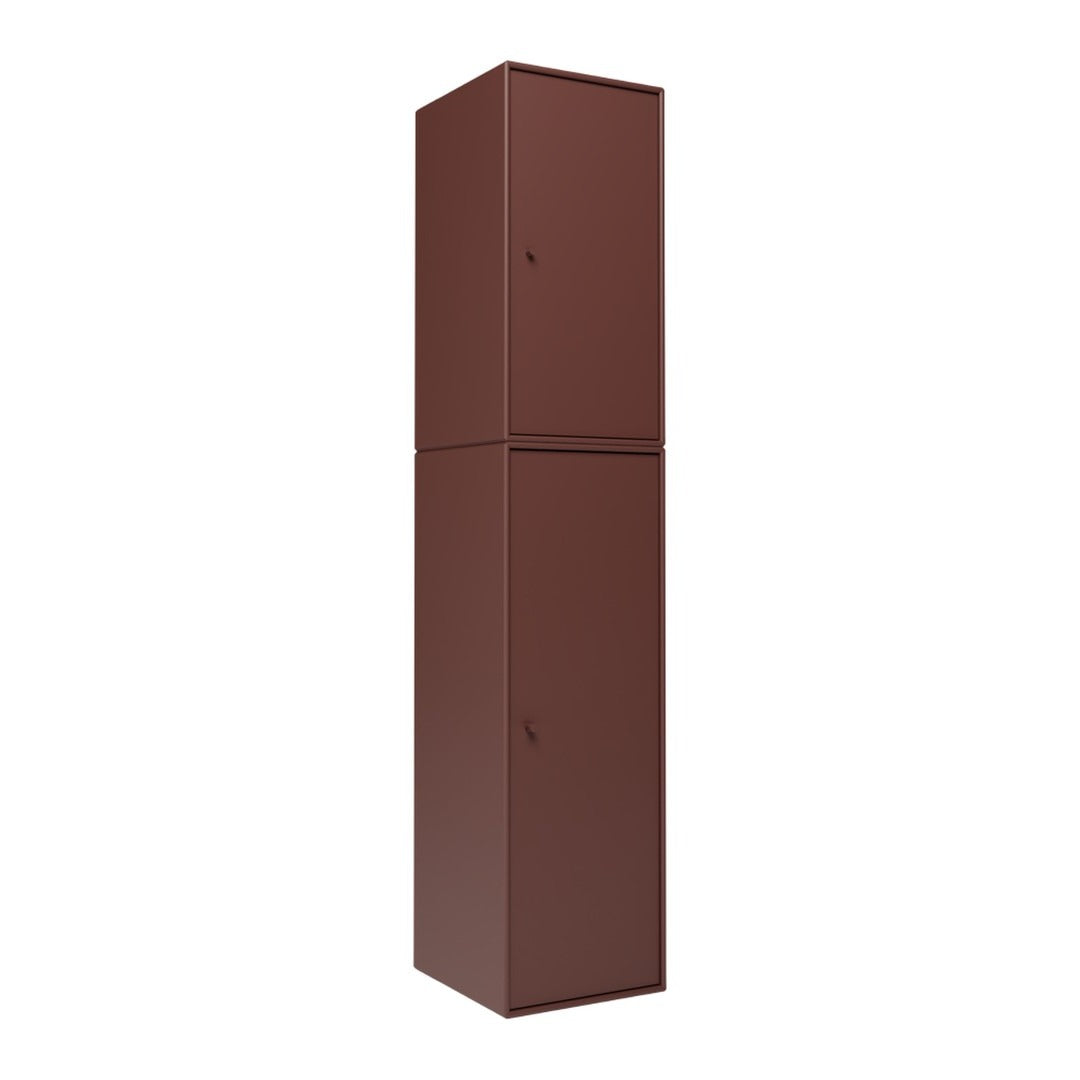 Tall brown storage cabinet with a sleek, modern design and smooth matte finish. Ideal for any room décor.