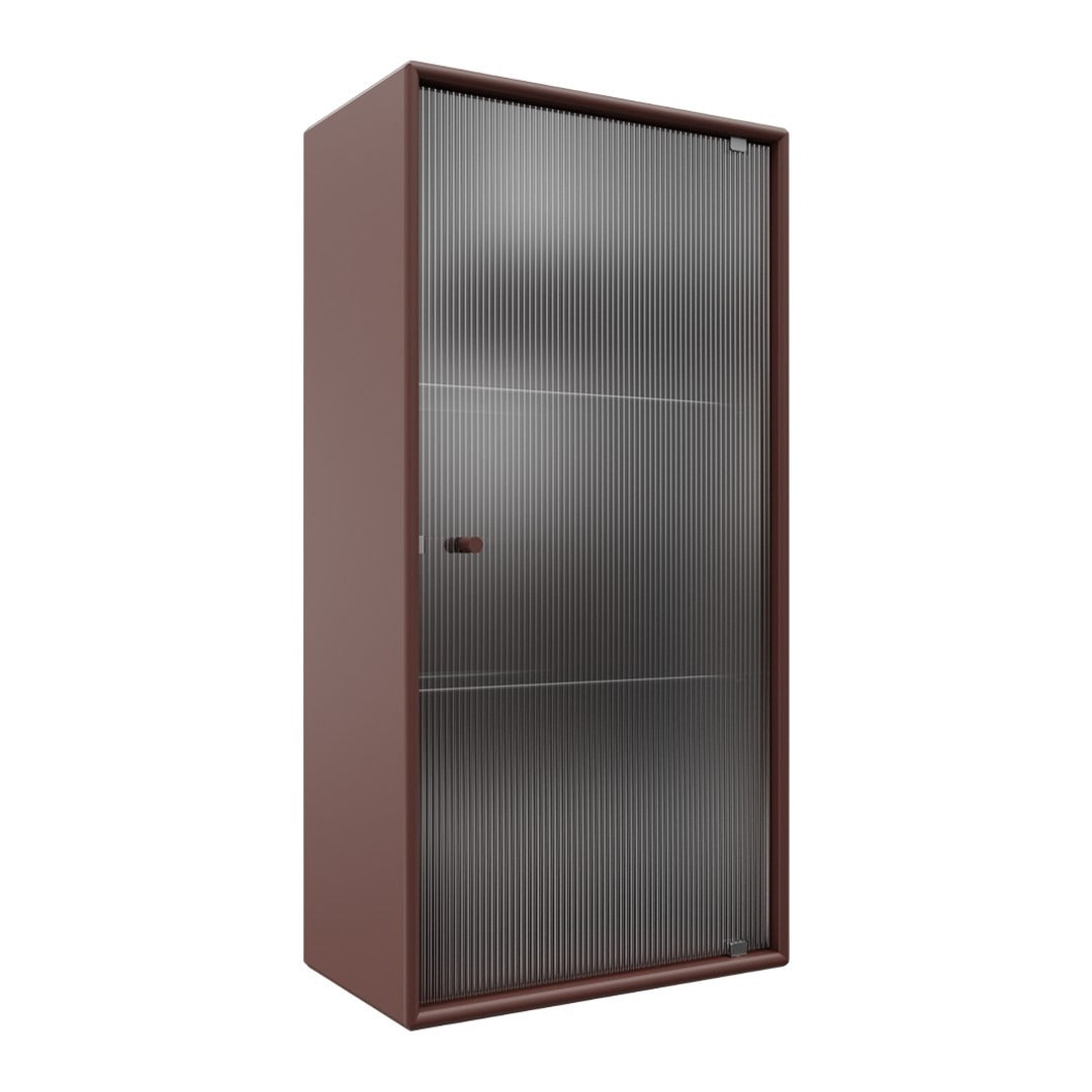 Brown metal storage cabinet with sleek, horizontal line pattern and smooth silver-toned doors.