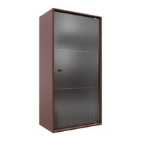 Brown metal storage cabinet with sleek, horizontal line pattern and smooth silver-toned doors.