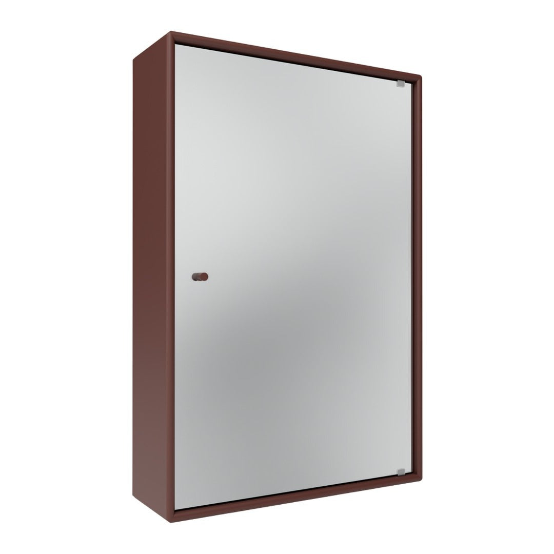 Brown framed cabinet with a sleek silver mirrored door, showcasing a minimalist design.