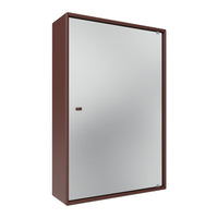 Brown framed cabinet with a sleek silver mirrored door, showcasing a minimalist design.