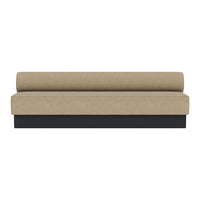 Beige upholstered sofa with a sleek black base, featuring a minimalist design and a smooth, solid pattern.