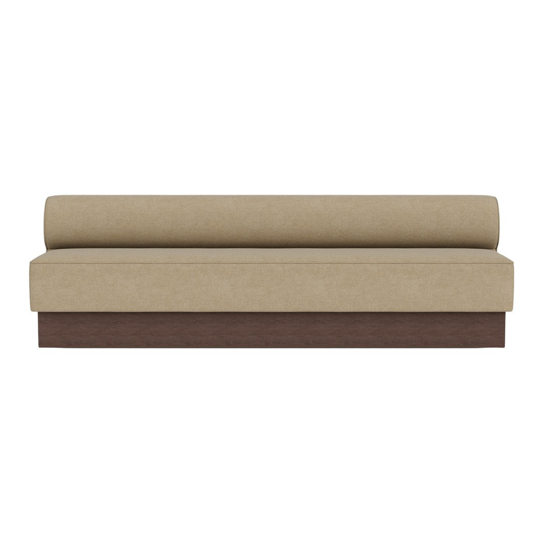 Sofa with a beige fabric finish and a dark wood base, featuring a minimalist, contemporary design.