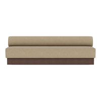 Sofa with a beige fabric finish and a dark wood base, featuring a minimalist, contemporary design.