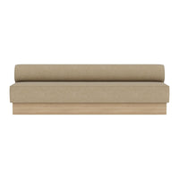 Beige sofa with a smooth texture and a simple, modern design featuring a rounded backrest and wooden base.