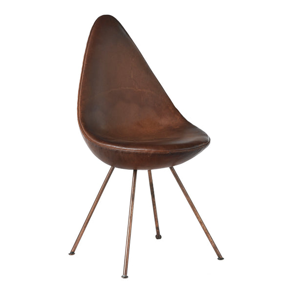 Brown teardrop chair with smooth, glossy surface and slender metal legs, perfect for modern decor.
