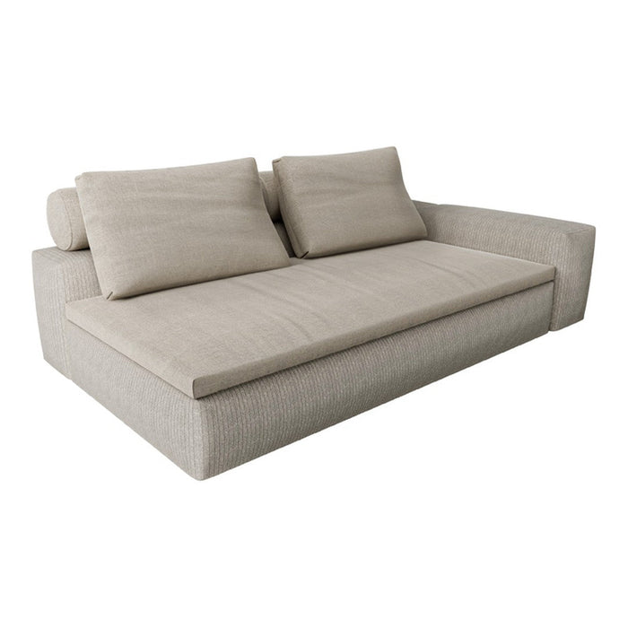 Light beige sofa with a textured fabric, featuring smooth, minimalistic design and plush cushions. Perfect for modern decor.