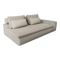 Light beige sofa with a textured fabric, featuring a minimalist design and soft, neutral tones.