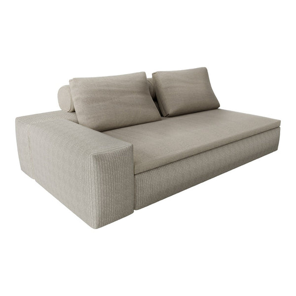 Light beige sofa with a textured, woven pattern and adjustable back cushions for modern decor.